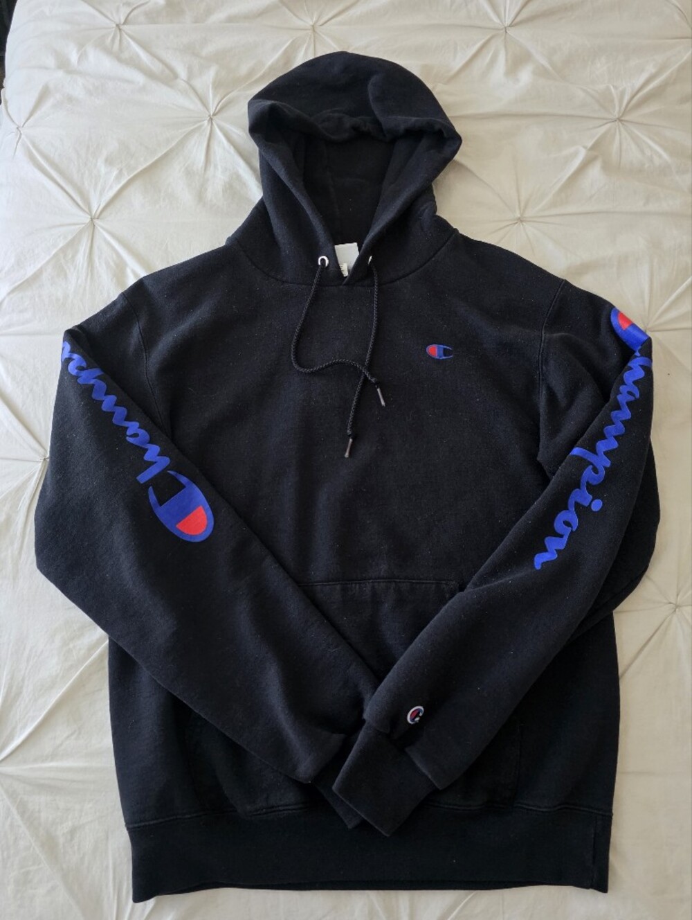 Champion Logo Sleeve Hoodie Black Pullover Sweatshirt